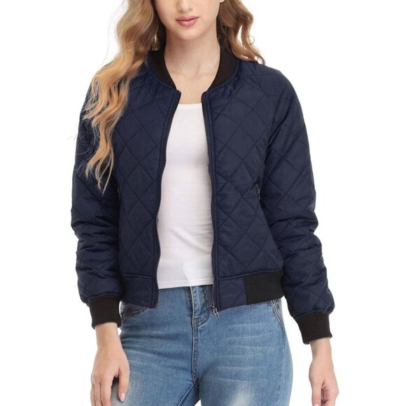 Jackets & Blazers - Women's Lightweight Zip Up Fashion Outerwear Dark Blue Quilted Bomber Jacket